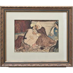 Jean Launois "interior Scene At "bou Saada"" 1921 Watercolor 27x36